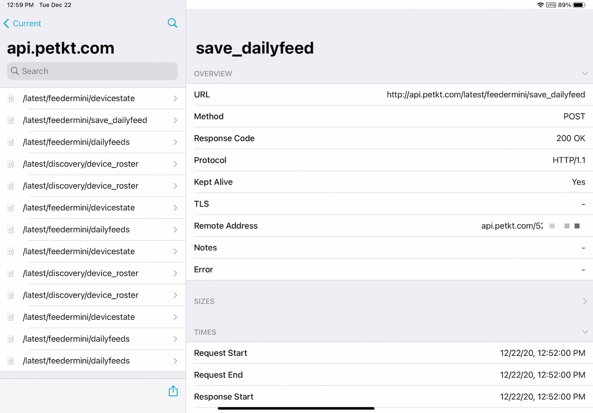 Screenshot of Charles with the right API call selected