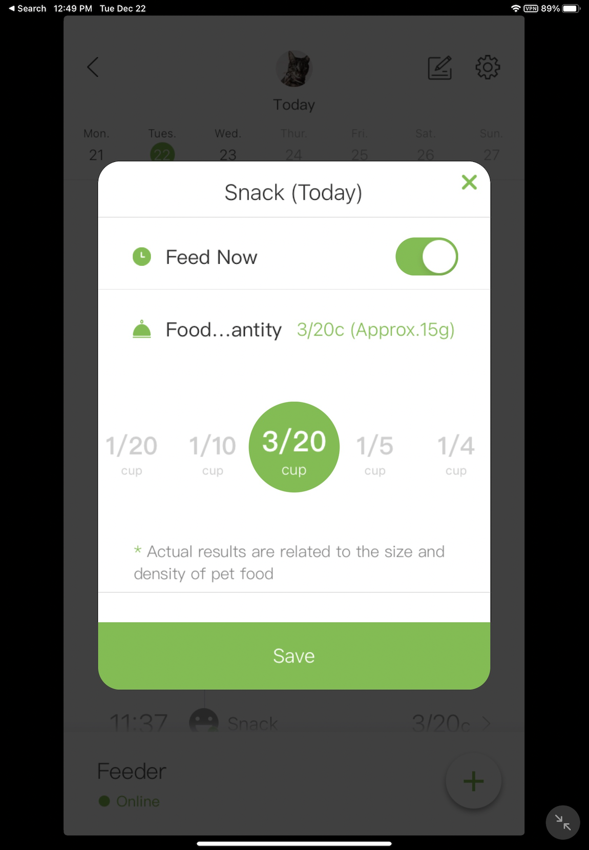 Screenshot of an iPad running the petkit app, in the manual feeding view