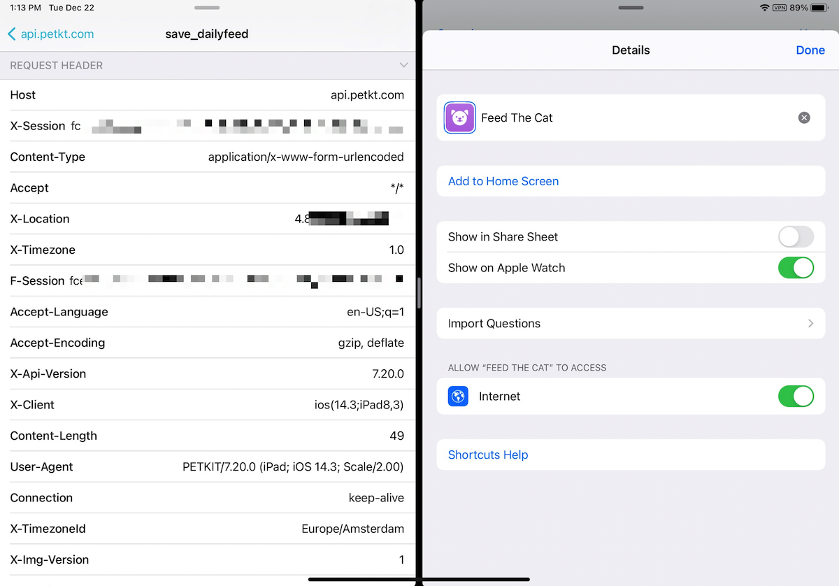 Screenshots of Shortcuts with the right configurations
